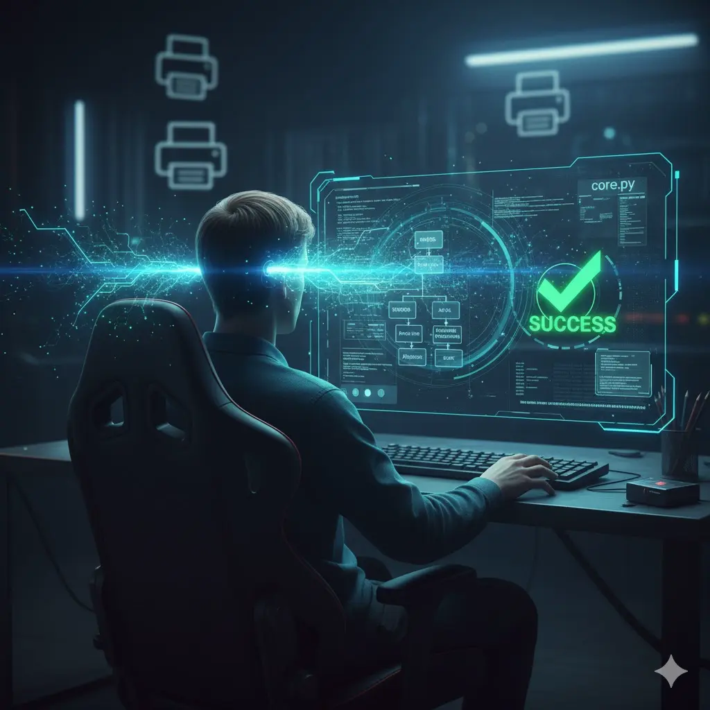 Bir insanın klavyesiz, sadece düşünerek yapay zeka aracılığıyla karmaşık bir sistemi inşa etmesini temsil eden bir görsel.