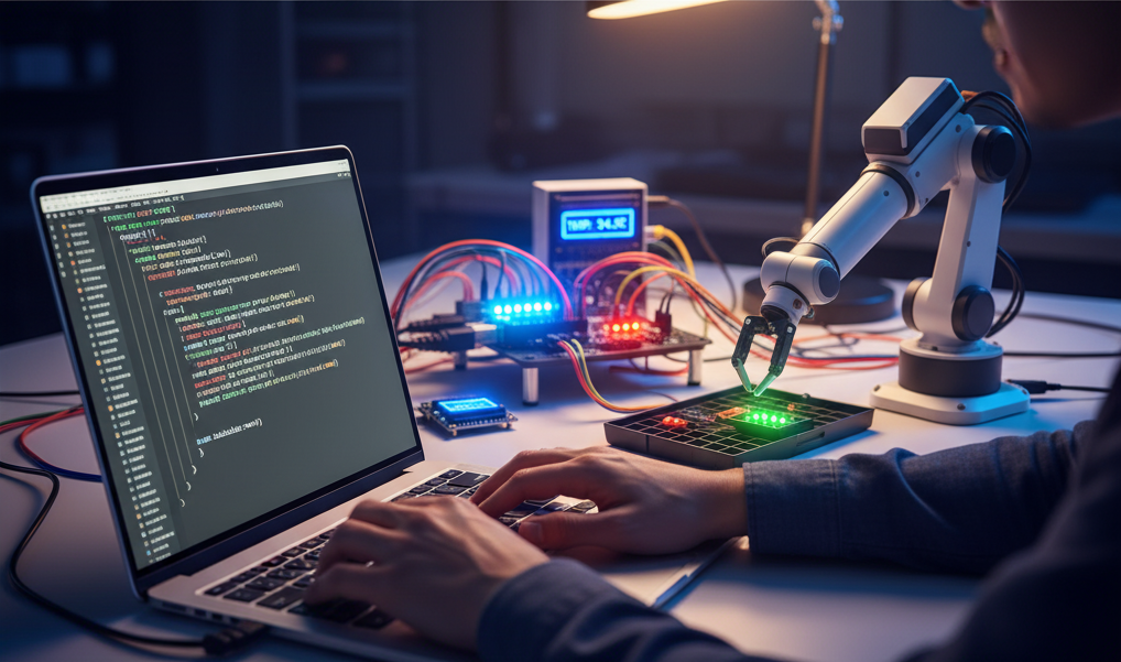 A programmer's hands coding on a laptop, with a robotic arm and glowing microcontroller boards in the background.