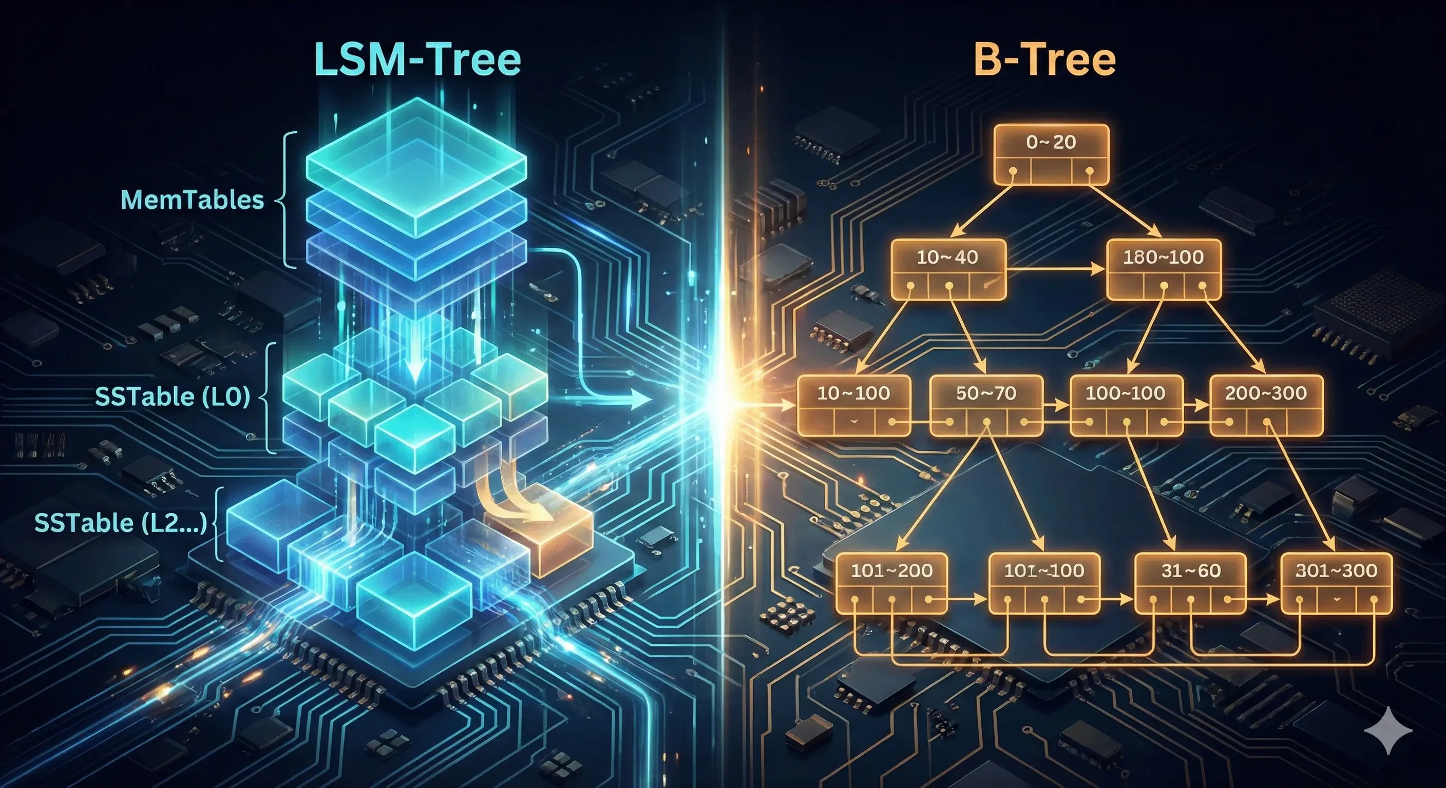 LSM-Tree ve B-Tree veri yapılarının karşılaştırmalı temsili görseli.